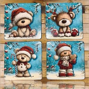 Handmade Christmas Bear Wood Coaster Set | 4” Square | Holiday Decor Gift